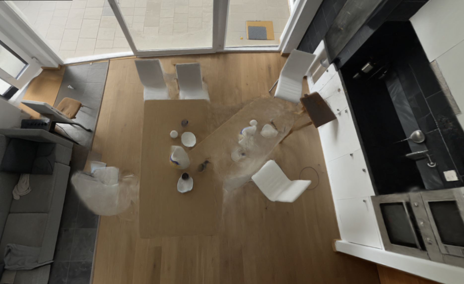 Overhead splat view with overlapping table surfaces and ghosted chairs